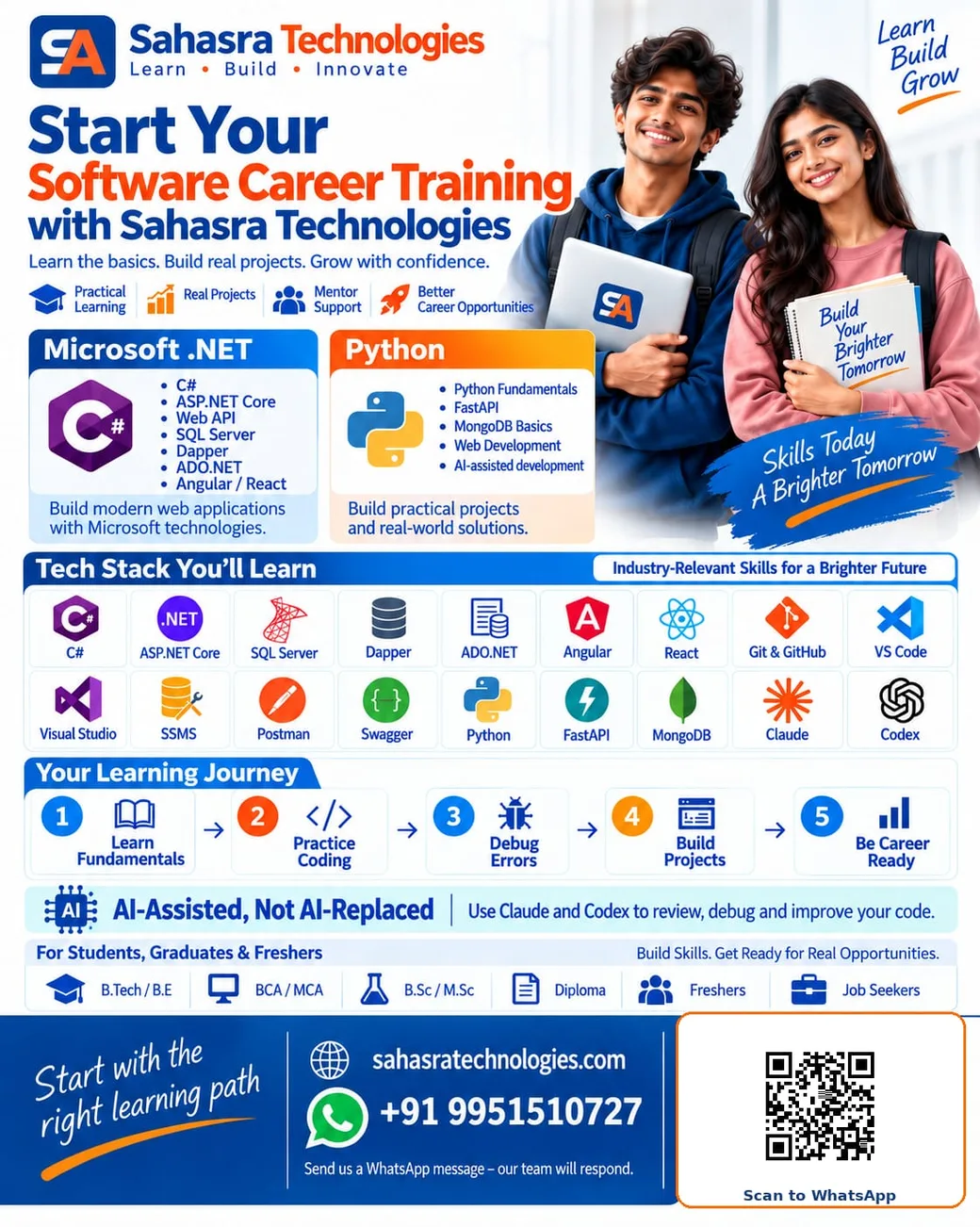 Start your software career training with Sahasra Technologies. Microsoft .NET track: C#, ASP.NET Core, Web API, SQL Server, Dapper, ADO.NET, Angular or React. Python track: fundamentals, FastAPI, MongoDB, web development and AI-assisted development. Learning journey: fundamentals, coding practice, debugging, projects, career ready. WhatsApp +91 9951510727.